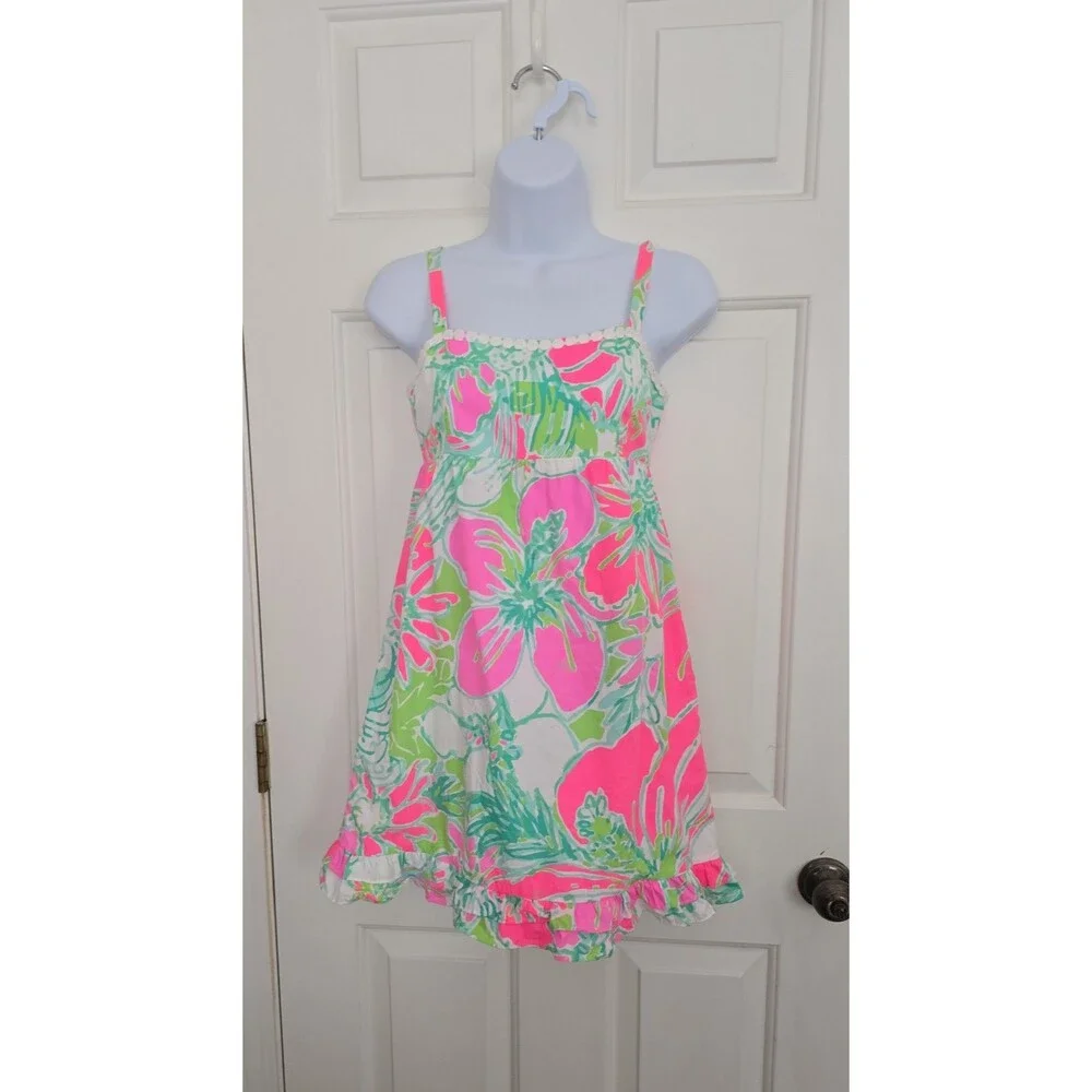 Lilly Pulitzer Girls Floral Spaghetti Strap Dress Size 14 XL Pink and Green.